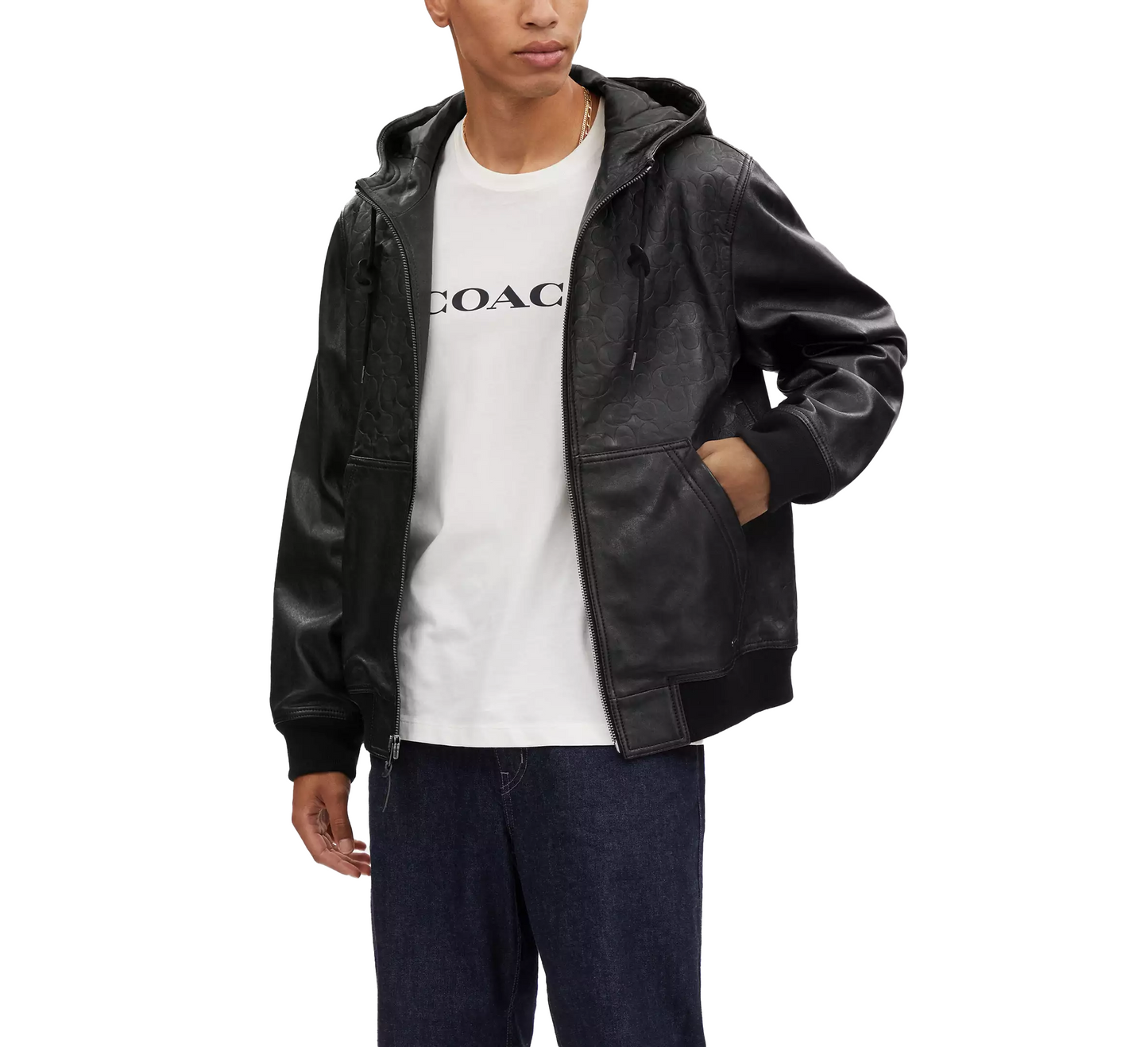COACH Men's Embossed Leather Trainer Hooded Jacket - Black