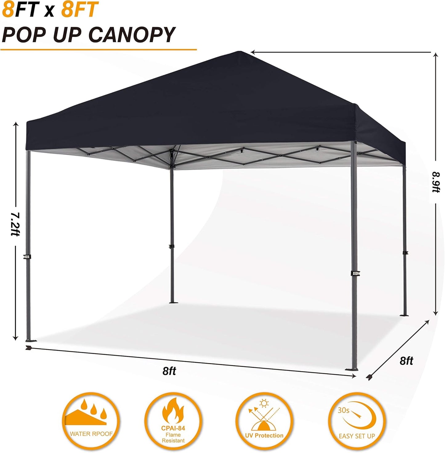 8ft X 8ft Pop-Up Canopy Tent - Black
