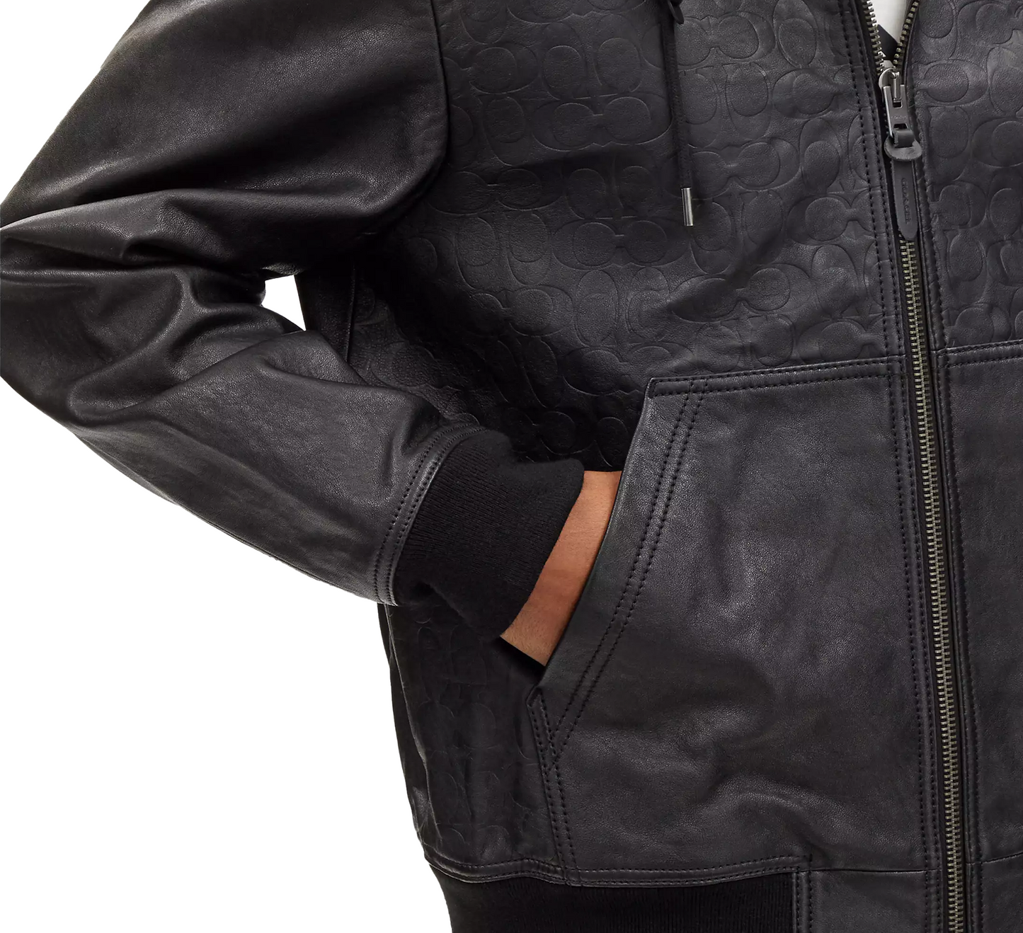 COACH Men's Embossed Leather Trainer Hooded Jacket - Black