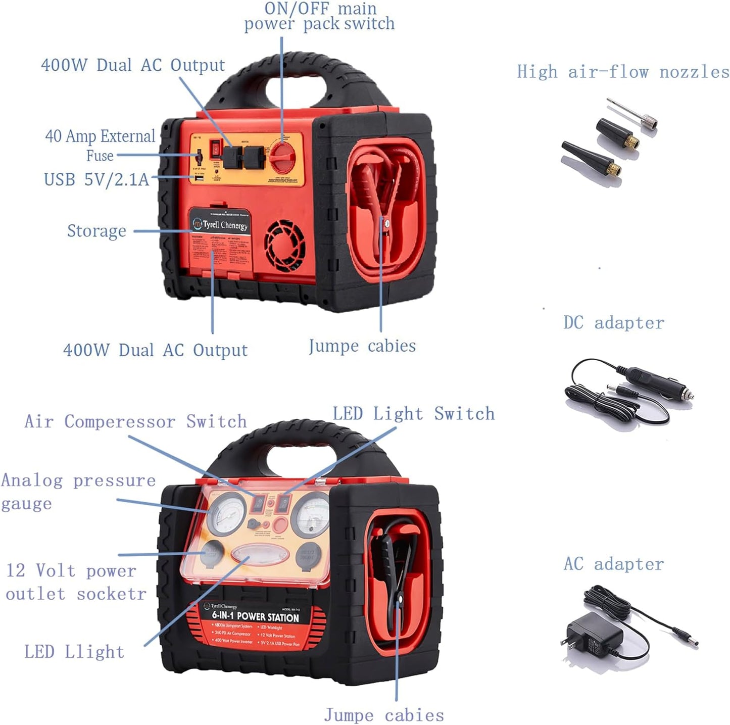Tyrell Chenergy 1800A Jump Starter & Portable Power Station with Air Compressor