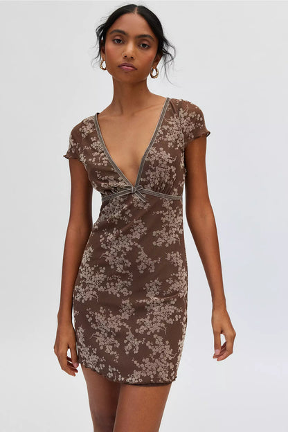 Motel Evilia Floral Mesh Mini Dress – Velvet Trim, Bow Detail, Ruffled Hem
