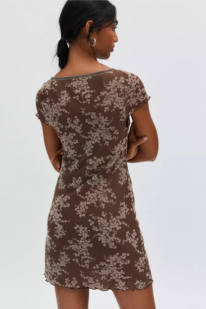 Motel Evilia Floral Mesh Mini Dress – Velvet Trim, Bow Detail, Ruffled Hem