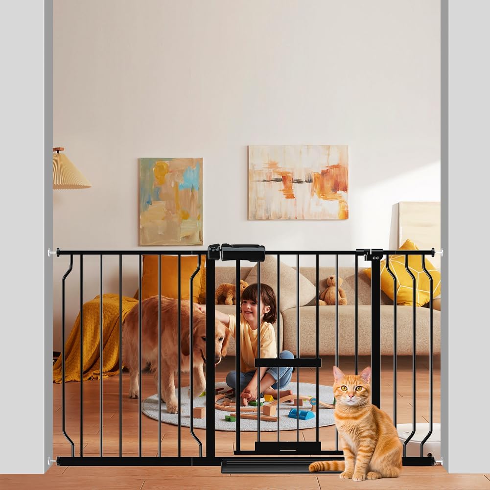 WAOWAO Extra-Wide Baby Safety Gate with Built-In Pet Door – 48–53" Walk-Through, Auto-Close, Pressure Mounted, Double Locking System, Black