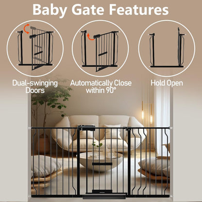 WAOWAO Extra-Wide Baby Safety Gate with Built-In Pet Door – 48–53" Walk-Through, Auto-Close, Pressure Mounted, Double Locking System, Black